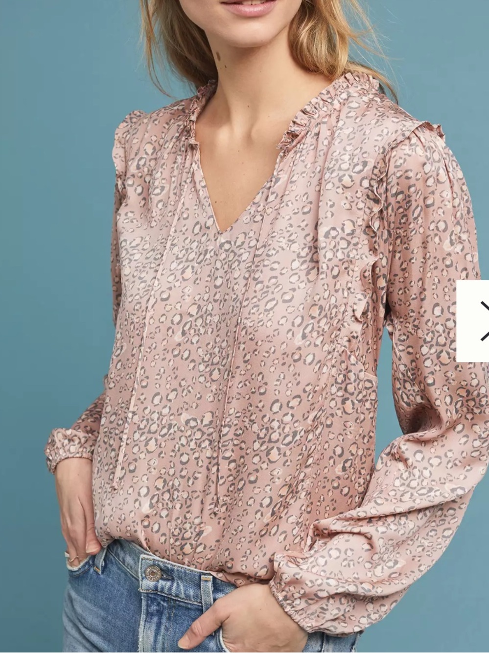 Dolan by Anthropologie Women's Pink Leopard Print Ruffle V-Neck Blouse.